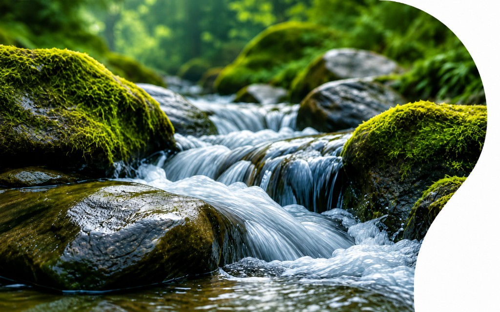 Natural spring water flowing over mossy rocks
